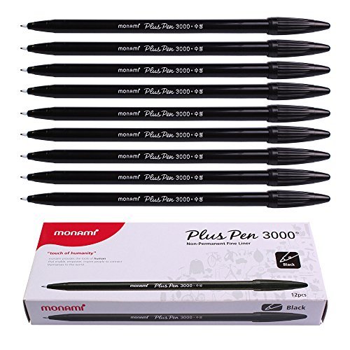 Monami Plus Pen 3000 Felt tip broad line pen 12pcs Black,Blue,Green,Purple,Red 