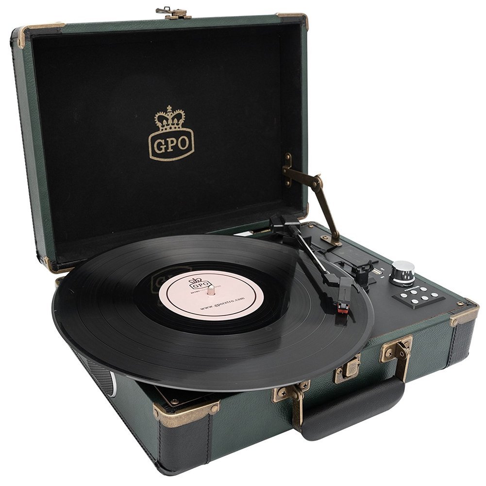 GPO Ambassador Bluetooth Record Player Retro Vinyl Turntable with Speakers Black & Green