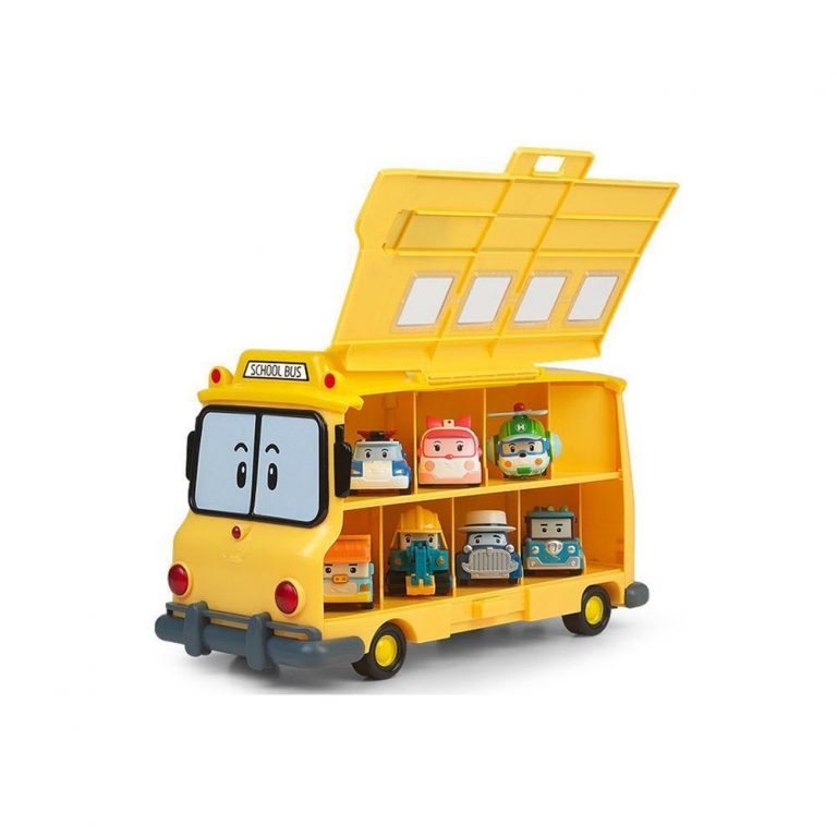 Robocar Poli School Bi Diecast Figures Carrier Yellow Bus with 7 pcs of ...