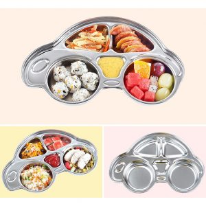 TULGIGS 2 pcs of Car Shaped Stainless Steel Divided Plate Food Tray 4-Section Divided Plates for Kids, Portion Control For Home,DayCare Center, Camping