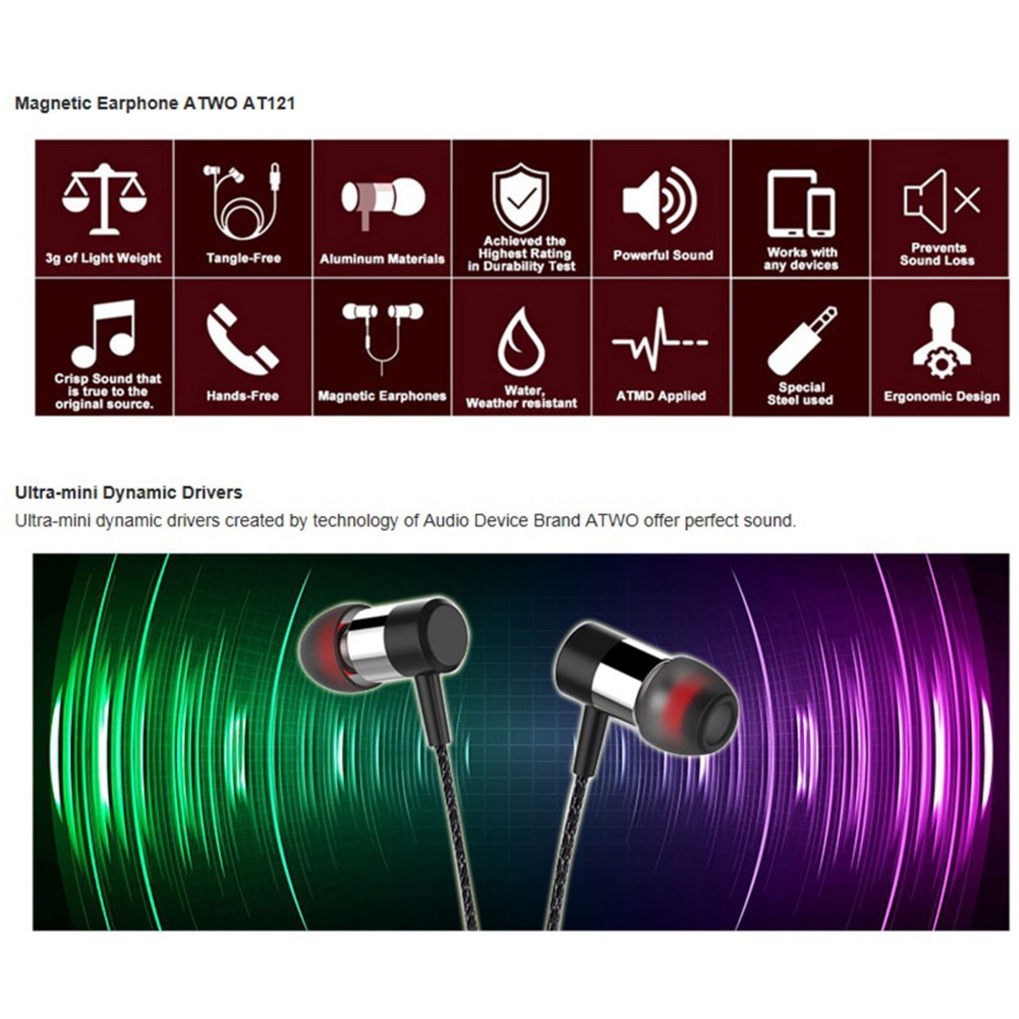 ATWO Magnetic Earphone AT121 Alumium Materials Ultra Lightweight Vivid ...