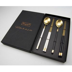TULGIGS 2 Pairs of Chopsticks & 2 Spoons Flatware Set Dinnerware Stainless Steel Cutlery Utensil Set – Blue Gold
