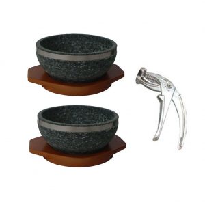 TULGIGS 2 Set of 37-oz Korean Jangsoo gobdol Dolsot-Bibimbap Stone Bowl 8″ Diameter Bibimbap Bowl With Wooden Base,1Piece of Aluminum Tongs and English Bibimbap Recipe For Korean Food