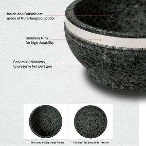 TULGIGS 2 Set of 37-oz Korean Jangsoo gobdol Dolsot-Bibimbap Stone Bowl 8″ Diameter Bibimbap Bowl With Wooden Base,1Piece of Aluminum Tongs and English Bibimbap Recipe For Korean Food