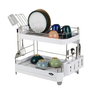 Sink Dish Drying Rack Stainless Two Tier Shelf Liner Dish Holder with Dish Drainer Cup holder Spoon Storage