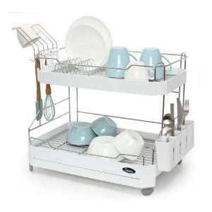 Sink Dish Drying Rack Stainless Two Tier Shelf Liner Dish Holder with Dish Drainer Cup holder Spoon Storage