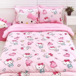 Hello Kitty Heart Hollic Child Size Cotton Thin Wadding Wadding Bedding Comforter Set (Quilt + Pillow Cover) Cartoon Character Thin Padding for Kids Korea