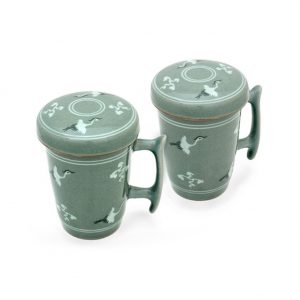 Celadon Unhak, Crane Inlaid Long Shaped Mug Tea set with Lid for 2 people All porcelain Tea cup, Tea ceremony celadon