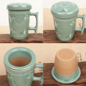 Celadon Unhak, Crane Inlaid Long Shaped Mug Tea set with Lid for 2 people All porcelain Tea cup, Tea ceremony celadon