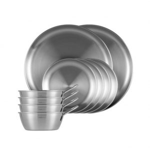 Outdoor Camping Dinnerware Set,Stainless Steel Plates and Bowls Camping Set 10P, Stainless 304  for  Camping, Hiking, Beach, Outdoor Use