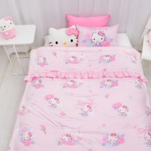 Hello Kitty Heart Flower Garden Frill Cotton Bedding Comforter Set (Quilt + Pillow Cover) Cartoon Character Thin Padding for Kids Korea