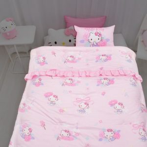 Hello Kitty Heart Flower Garden Frill Cotton Bedding Comforter Set (Quilt + Pillow Cover) Cartoon Character Thin Padding for Kids Korea