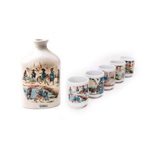 Korean Traditional Soju Shot Glass & Traditional Liquor Bottle Set – 5 Piece Ceramic Pottery Cup + 1piecs of Ceramic Pottery Bottle for Whiskey Sake Vodka Alcohol Liquor w/Korea Traditional Illustration Paintings Gift Party Decoration Display Drinking Glasses