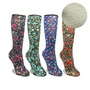 Korean Style 4 Pairs Warm Winter Fluffy Indoor Non-Slip Thermal Socks Fleece Lady Flower Printed Men’S And Women’S Thickened High Socks, And Fashionable Warm Fuzzy Knee-High Socks